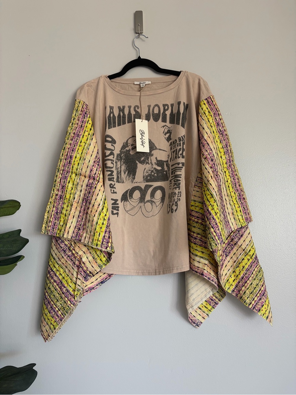 Blue velvet Janis Joplin Graphic Tee with Yellow & Pink Boho Sleeves